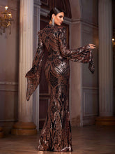 Elegant Turtleneck Padded Shoulder Trumpet Sleeve Sequin Evening Dress